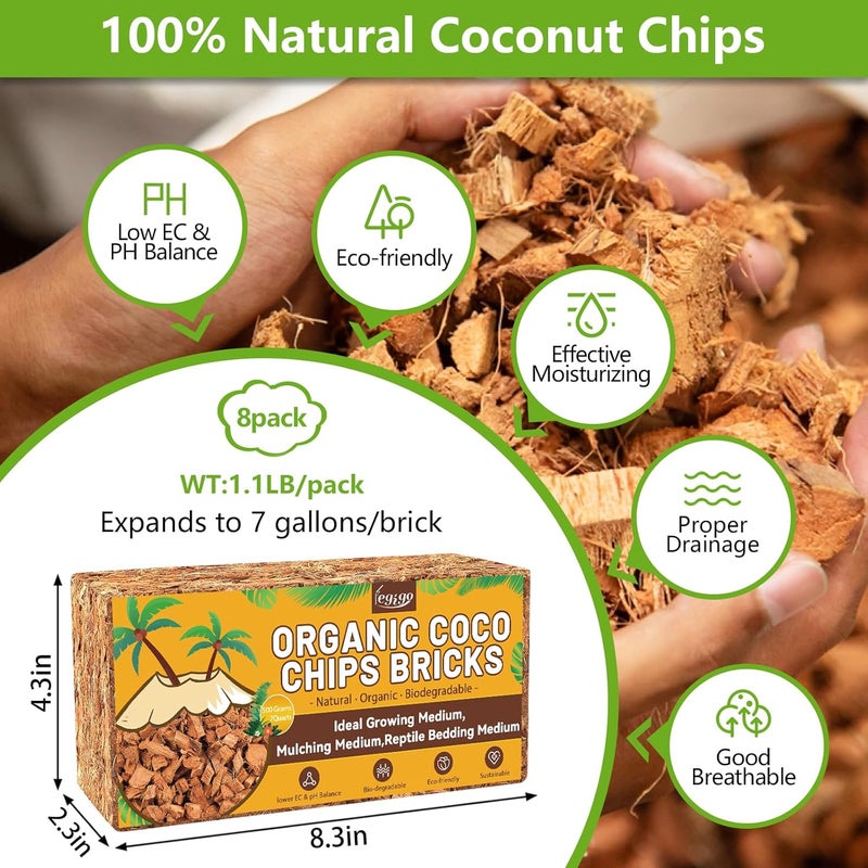Legigo 8 Pack Coco Coir Chips for Plants- 8.8 LB 100% Organic Coconut Chips Brick Potting Mix with Low EC & PH Balance, Coconut Husk Substrate Coco Husk Mulch for Garden, Planting, Orchid and Soil Mix - Image 2